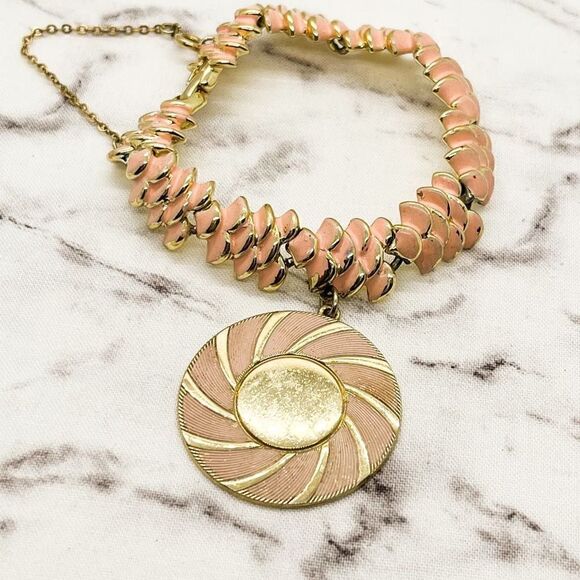 Vintage Coro Enamel Charm Bracelet Pink Gold Retro Estate Jewelry - Picture 2 of 6